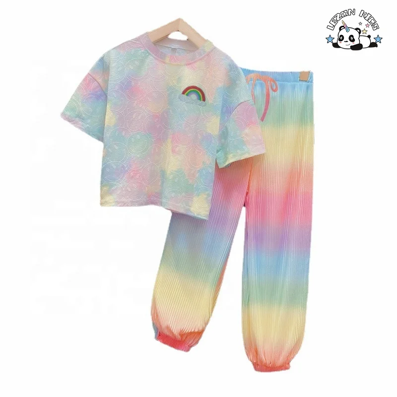 New Custom Rainbow Patch Tie Dye Girls Summer Sports Suit Two Piece Kids Track Suit Set