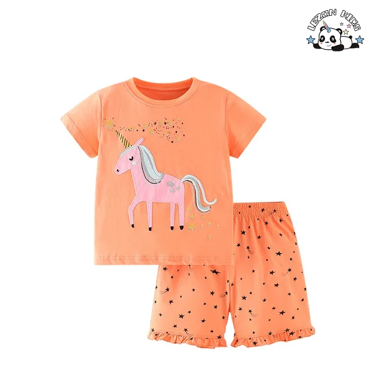 New Design Summer Children's Casual Short Sleeve Pants unicorn Printed Two-piece Girls Set