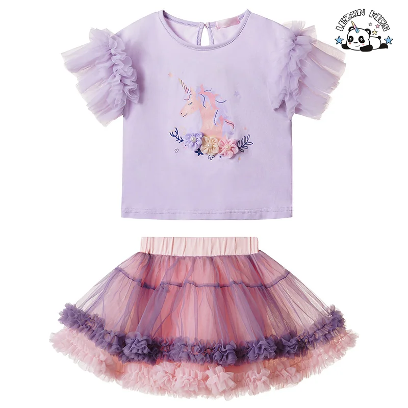 New Design Two Piece Girl Princess Lace unicorn  Printing Suit Dress T-shirt Tutu Skirt for Girls
