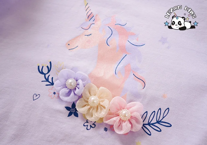 New Design Two Piece Girl Princess Lace unicorn Printing Suit Dress T-shirt Tutu Skirt for Girls - Product Image