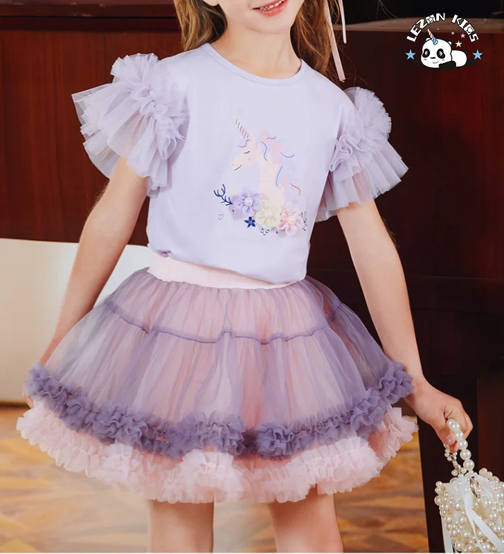 New Design Two Piece Girl Princess Lace unicorn Printing Suit Dress T-shirt Tutu Skirt for Girls - Product Image