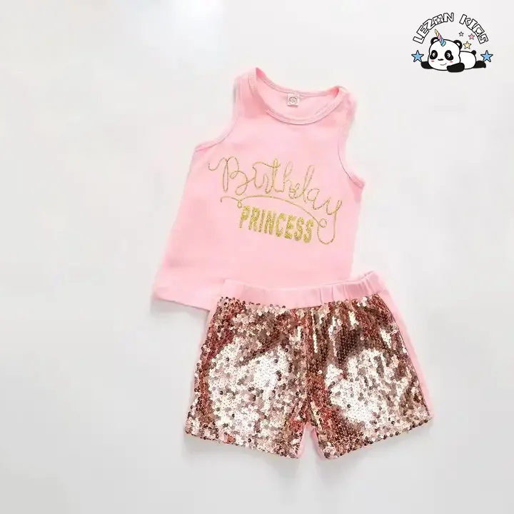 New Fashion Baby Girls Sleeveless Cotton Shorts Rose Gold Sequin Patches Girls Clothing Sets
