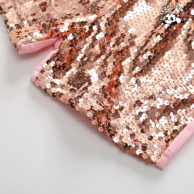 New Fashion Baby Girls Sleeveless Cotton Shorts Rose Gold Sequin Patches Girls Clothing Sets - Product Image