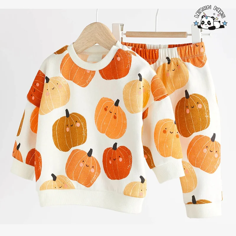 New Fashion Girls Long Sleeves Cotton Pullover Pumpkin Set Girls Clothing Sets for 2-14 Years Old