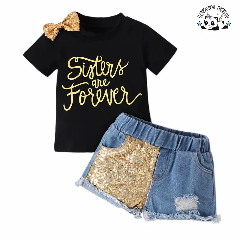 Conjunto de Moda de Verão para Meninas com Short de Jeans e Remendos de Lantejoulas para Crianças de 2 a 14 Anos