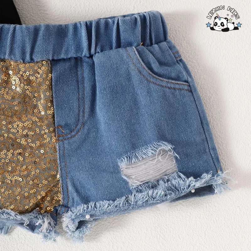 Conjunto de Moda de Verão para Meninas com Short de Jeans e Remendos de Lantejoulas para Crianças de 2 a 14 Anos - Product Image