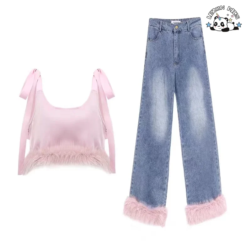 New Fashion Summer Faux Fur Decoration Top Tank with Jean Big Girls Clothing Sets Casual for size 12-14