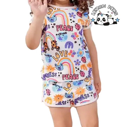 New Fashion casual short sleeve cute colorful pattern print girls clothing sets for summer