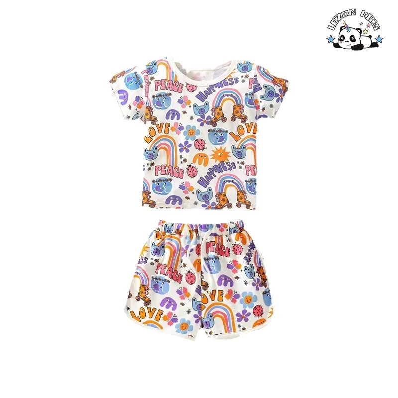 New Fashion casual short sleeve cute colorful pattern print girls clothing sets for summer - Product Image