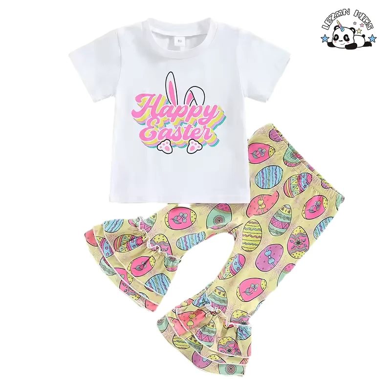 Novo Conjunto de Roupas de Páscoa para Meninas, Camiseta de Manga Curta com Estampa de Letra e Calças Flared, 2 Peças para Crianças