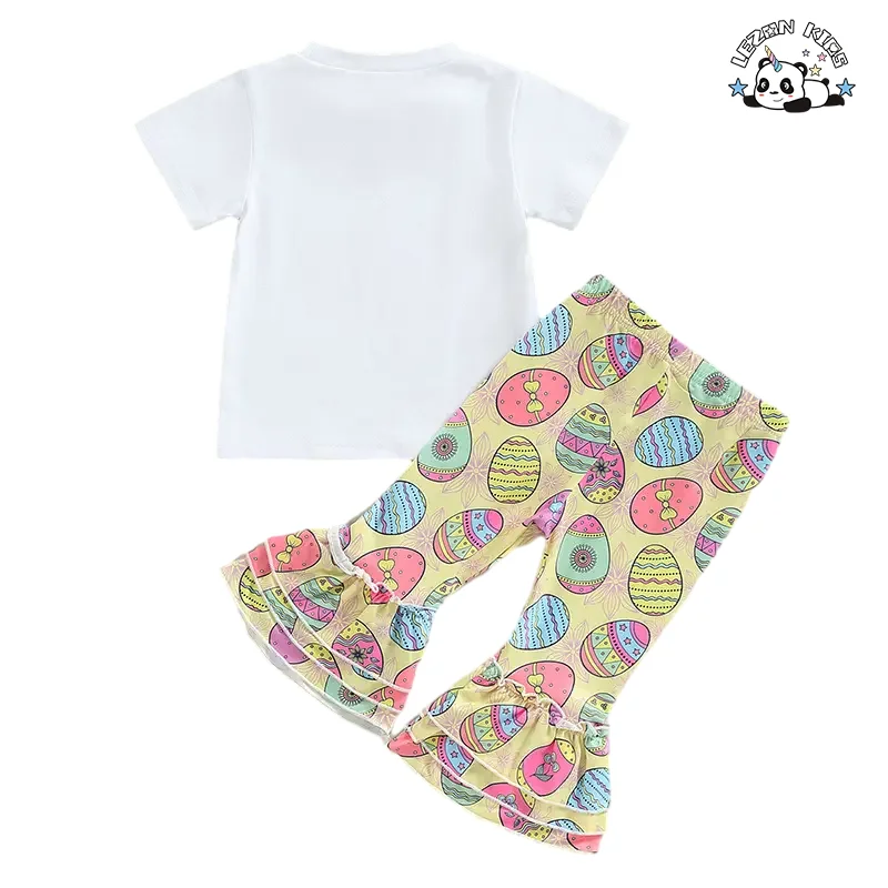 Novo Conjunto de Roupas de Páscoa para Meninas, Camiseta de Manga Curta com Estampa de Letra e Calças Flared, 2 Peças para Crianças - Product Image