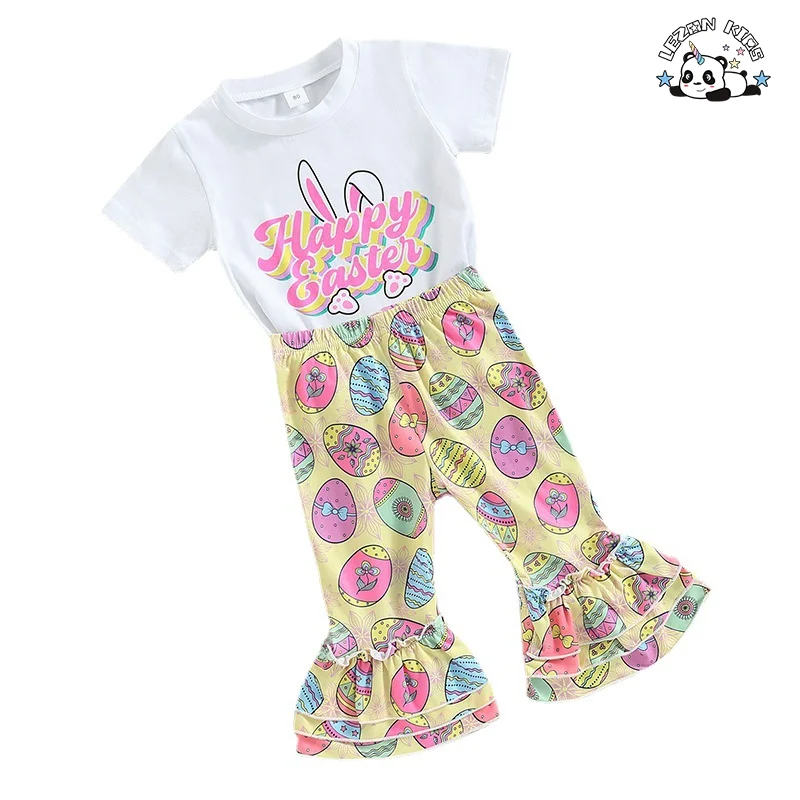 Novo Conjunto de Roupas de Páscoa para Meninas, Camiseta de Manga Curta com Estampa de Letra e Calças Flared, 2 Peças para Crianças - Product Image
