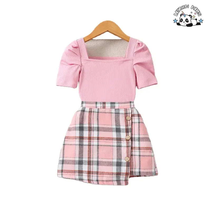 New Plaid Two Piece Set Short Sleeve Cotton Custom Boutique Little Girls Summer Children's Clothing Sets