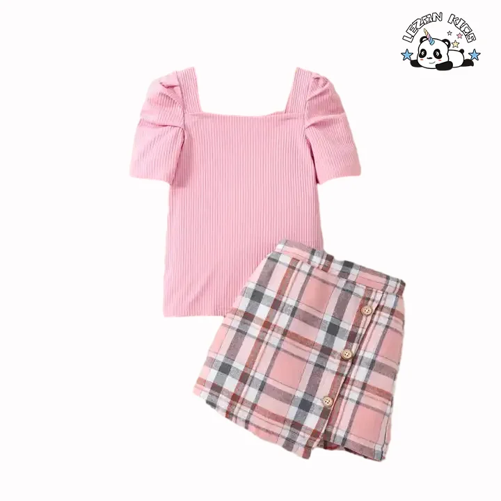 New Plaid Two Piece Set Short Sleeve Cotton Custom Boutique Little Girls Summer Children's Clothing Sets - Product Image