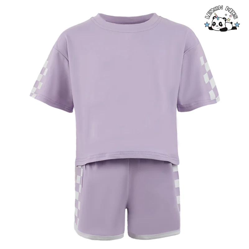 Conjunto de 2 Peças de Camisa de Manga Curta Xadrez e Shorts para Meninas Novo Estilo Infantil para Verão