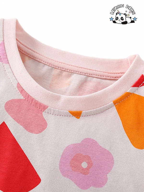 New in 2024 children printed round neck short sleeved pants cotton fabric daily life girls sets - Product Image