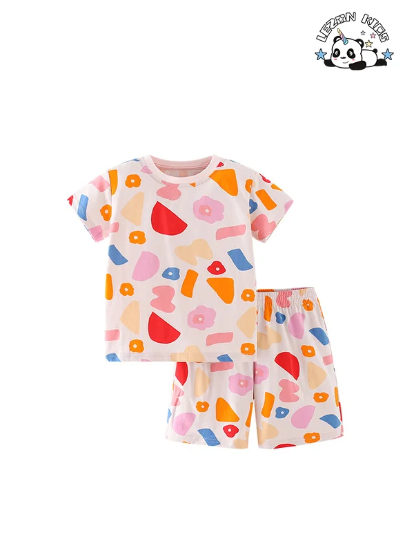 New in 2024 children printed round neck short sleeved pants cotton fabric daily life girls sets - Product Image