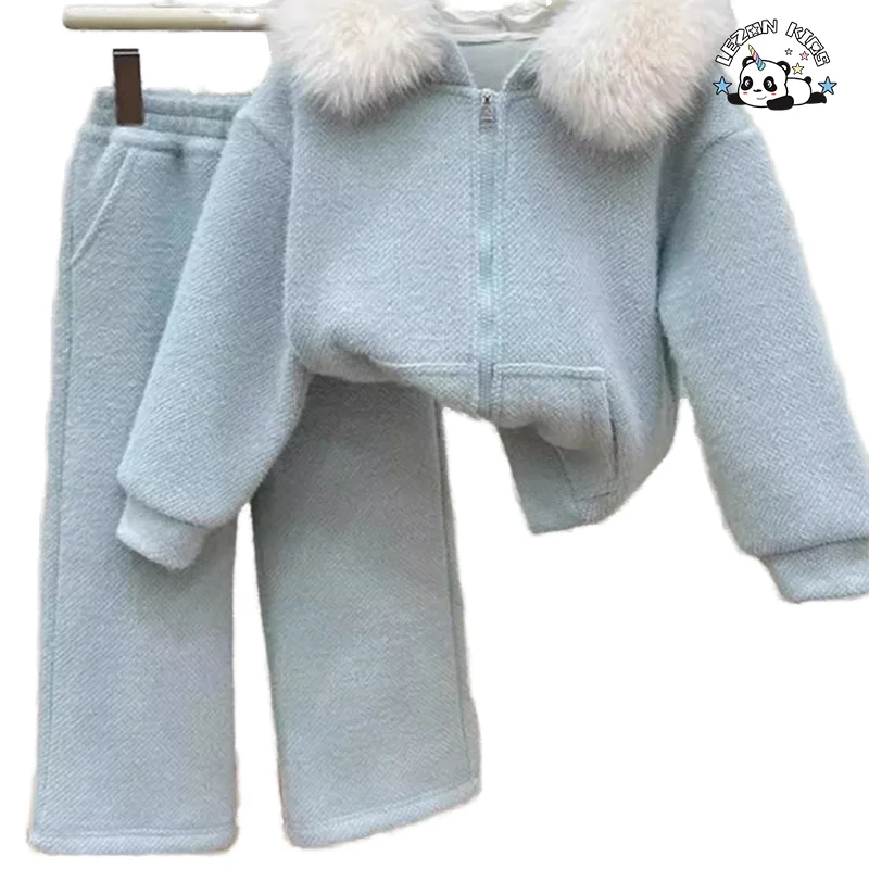 Conjunto de Roupas de Inverno Personalizadas para Crianças com Calças Largas de Veludo para Meninas de 2 a 14 Anos