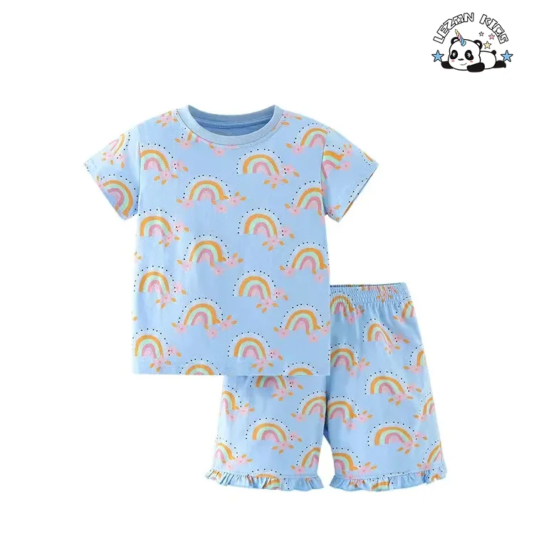 OEM Personalizável Preço Direto da Fábrica Azul 2 Peças Conjunto de Roupas de Boutique para Meninas com Impressão de Arco-íris para Verão