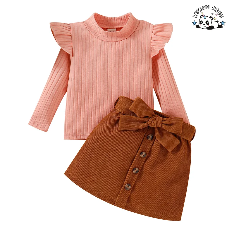 Conjunto de saia linha A de mangas compridas de veludo cotelê personalizável para meninas, conjunto de roupas infantis