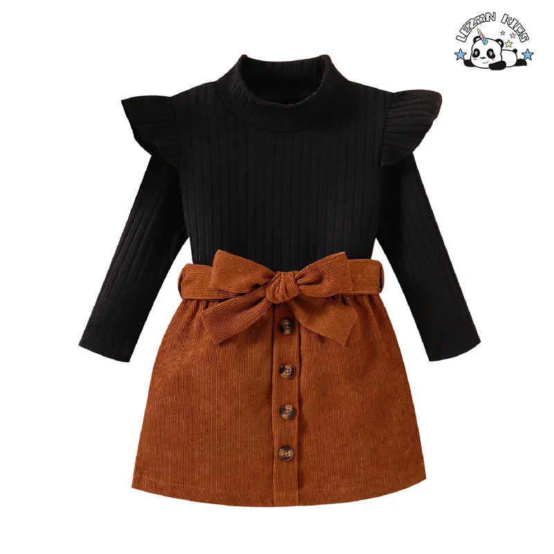 Conjunto de saia linha A de mangas compridas de veludo cotelê personalizável para meninas, conjunto de roupas infantis - Product Image