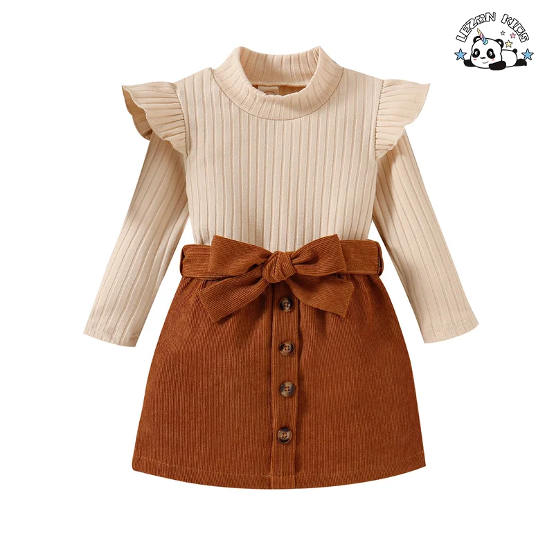 Conjunto de saia linha A de mangas compridas de veludo cotelê personalizável para meninas, conjunto de roupas infantis - Product Image