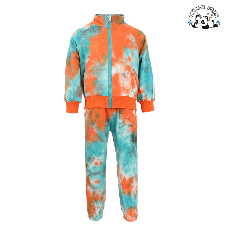 Conjunto de camisola e calças personalizáveis para meninas com estampa tie-dye personalizado de duas peças com fecho éclair