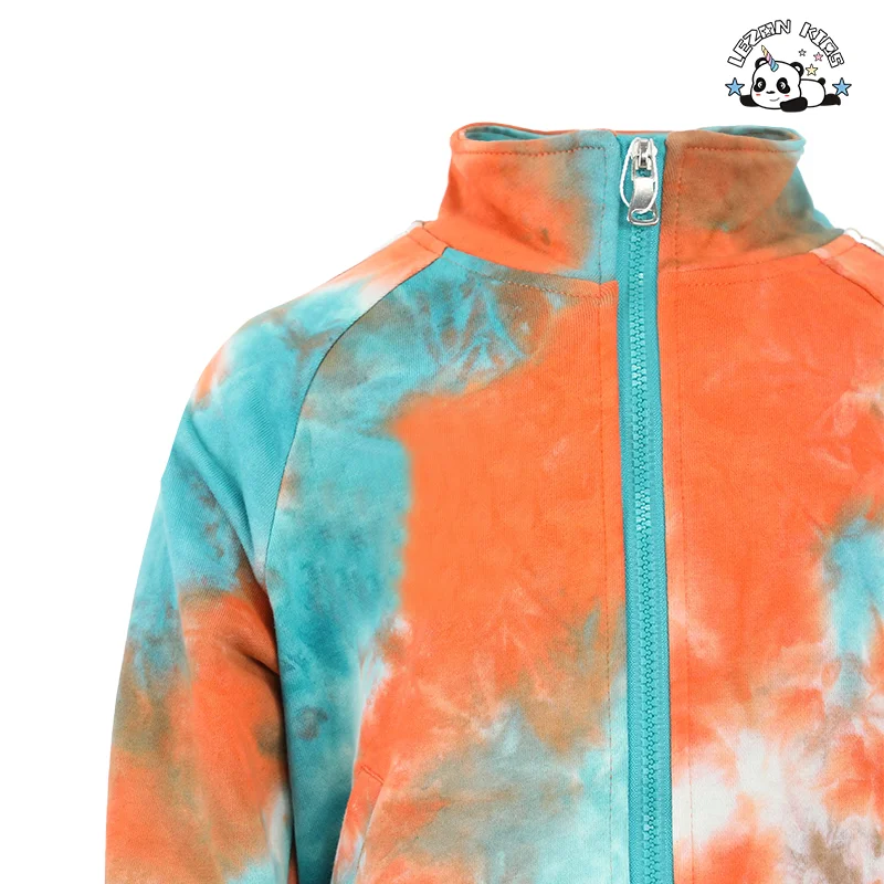 Conjunto de camisola e calças personalizáveis para meninas com estampa tie-dye personalizado de duas peças com fecho éclair - Product Image
