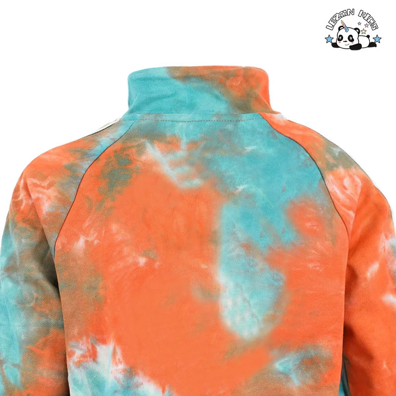 Conjunto de camisola e calças personalizáveis para meninas com estampa tie-dye personalizado de duas peças com fecho éclair - Product Image