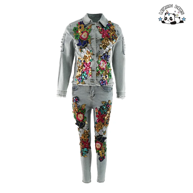 OEM Customizable New Denim Sequin Women Clothing Sets Two Piece Made in China