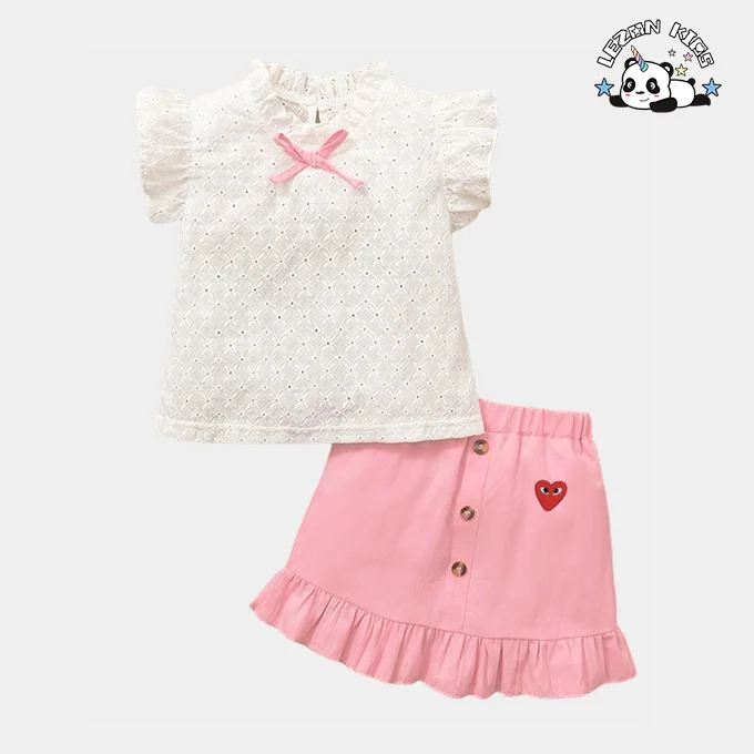 Conjunto de Roupas de Verão Personalizáveis para Meninas OEM Novo Top de Manga Curta Doce Saia Moda Infantil 2 Peças