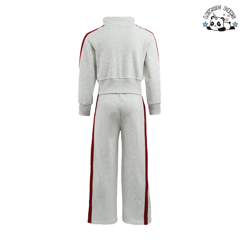 OEM Customized Fashion Heart Print Zipper Hoodie Coat Side Stripe Sweat Pants Girls Clothing Sets Luxury - Product Image