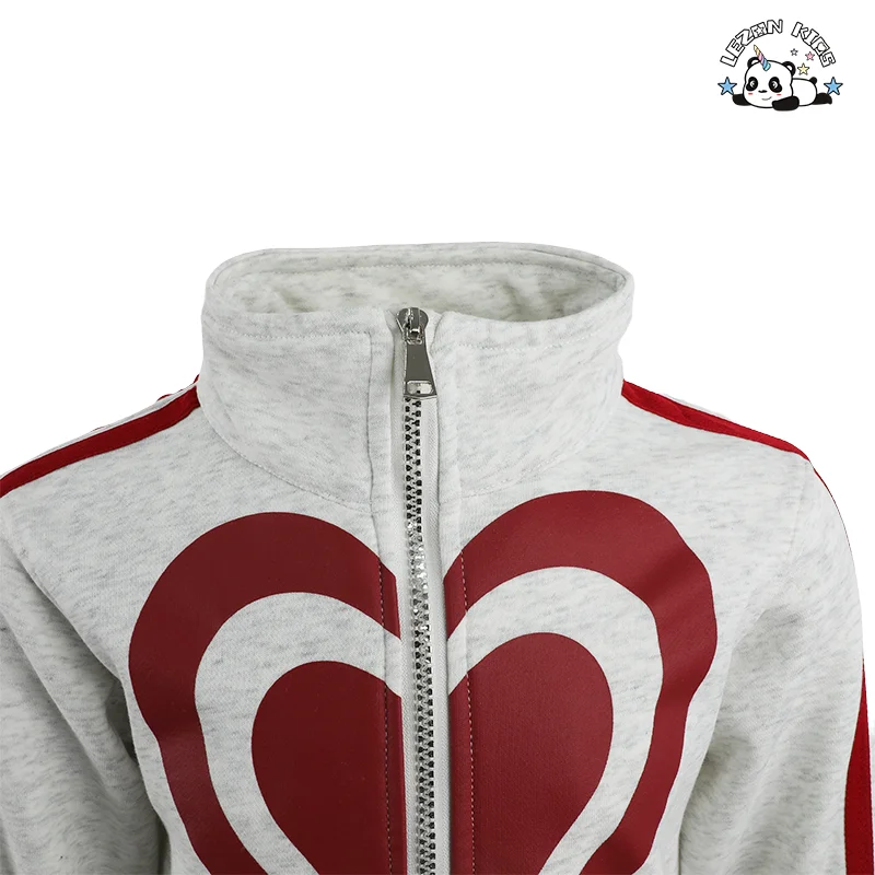 OEM Customized Fashion Heart Print Zipper Hoodie Coat Side Stripe Sweat Pants Girls Clothing Sets Luxury - Product Image