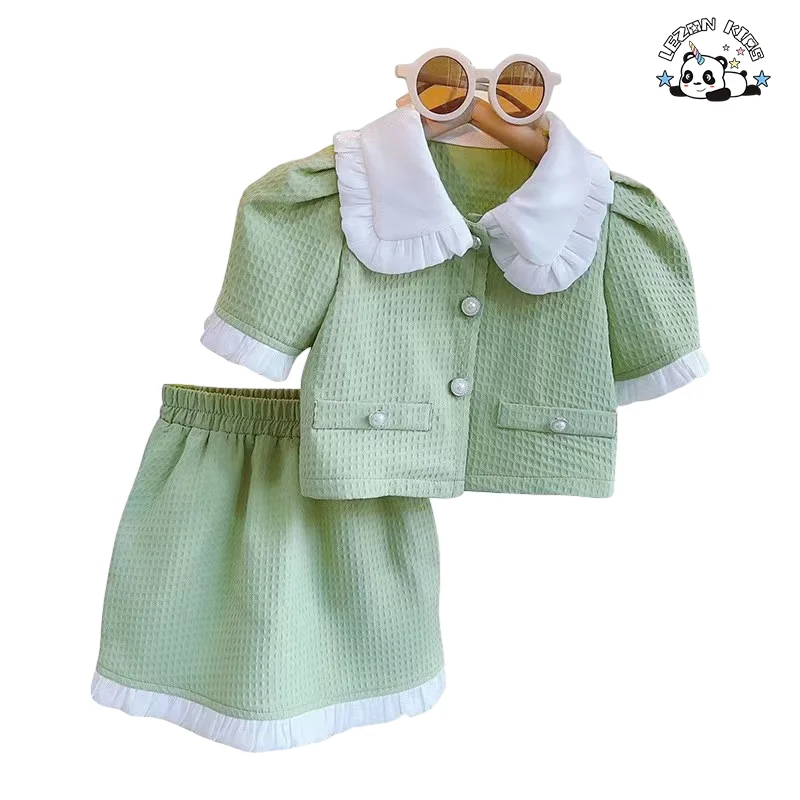 OEM ODM Conjuntos de Roupas de Verão Personalizáveis para Meninas Pequenas com Botão de Luxo Verde Doce para Meninas de 2 a 14 Anos