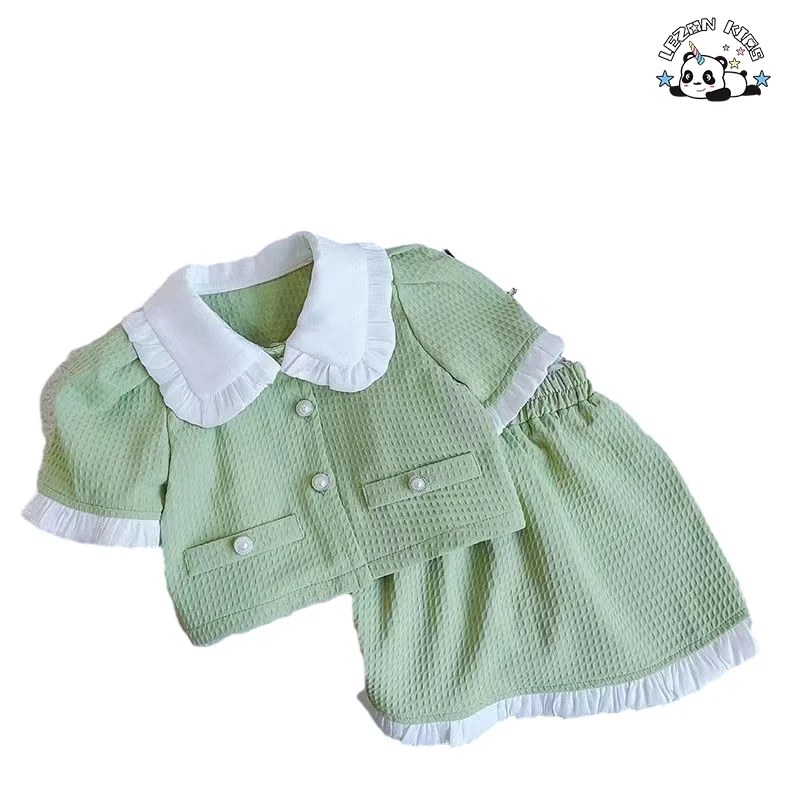 OEM ODM Conjuntos de Roupas de Verão Personalizáveis para Meninas Pequenas com Botão de Luxo Verde Doce para Meninas de 2 a 14 Anos - Product Image