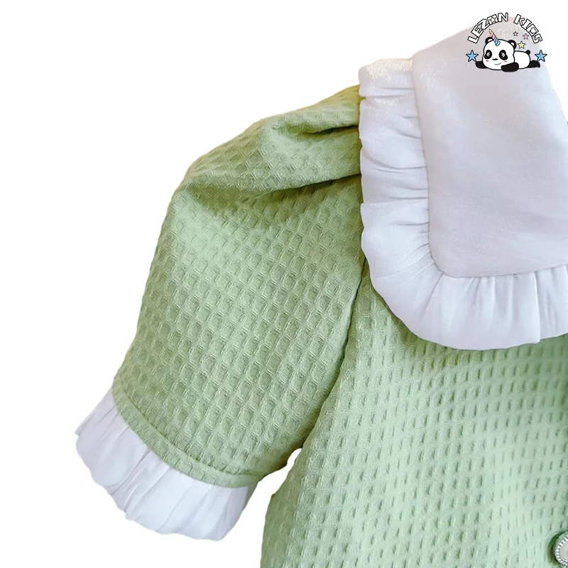 OEM ODM Conjuntos de Roupas de Verão Personalizáveis para Meninas Pequenas com Botão de Luxo Verde Doce para Meninas de 2 a 14 Anos - Product Image