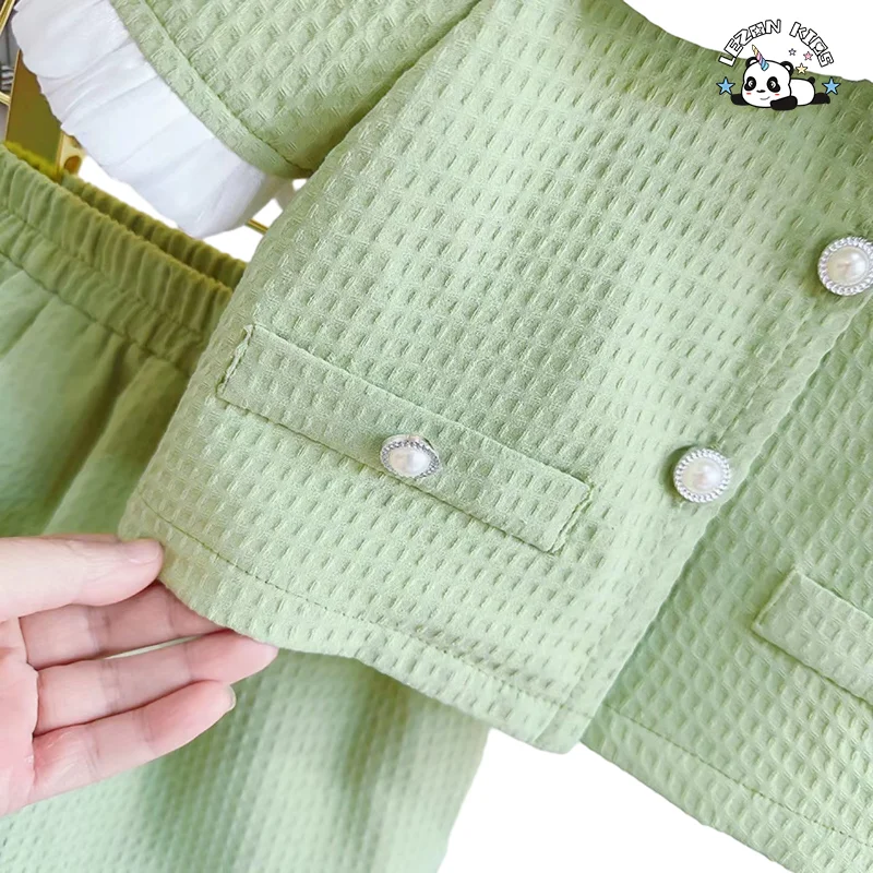 OEM ODM Conjuntos de Roupas de Verão Personalizáveis para Meninas Pequenas com Botão de Luxo Verde Doce para Meninas de 2 a 14 Anos - Product Image