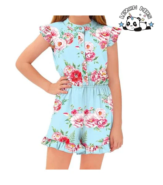 OEM ODM Girl's Summer Ruffled Flutter-Sleeve Jumpsuit Button Down Crew Neck Romper For 5-14 Years