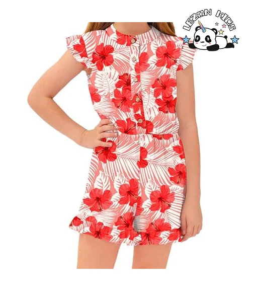 OEM ODM Girl's Summer Ruffled Flutter-Sleeve Jumpsuit Button Down Crew Neck Romper For 5-14 Years - Product Image