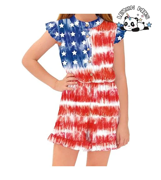 OEM ODM Girl's Summer Ruffled Flutter-Sleeve Jumpsuit Button Down Crew Neck Romper For 5-14 Years - Product Image