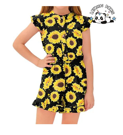 OEM ODM Girl's Summer Ruffled Flutter-Sleeve Jumpsuit Button Down Crew Neck Romper For 5-14 Years - Product Image