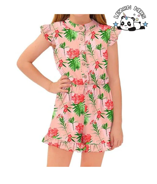 OEM ODM Girl's Summer Ruffled Flutter-Sleeve Jumpsuit Button Down Crew Neck Romper For 5-14 Years - Product Image
