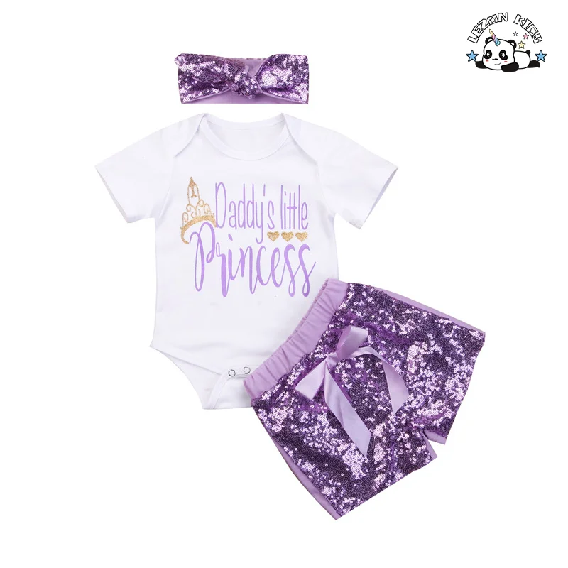 Fábrica Profissional Camiseta de Manga Curta com Estampa de Letra e Lantejoulas Roxas Conjuntos de Roupas para Meninas