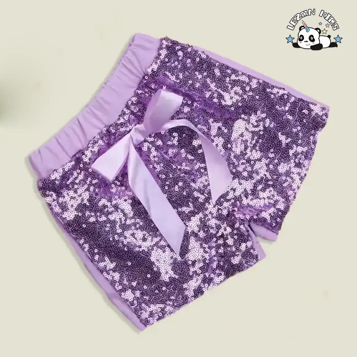 Fábrica Profissional Camiseta de Manga Curta com Estampa de Letra e Lantejoulas Roxas Conjuntos de Roupas para Meninas - Product Image