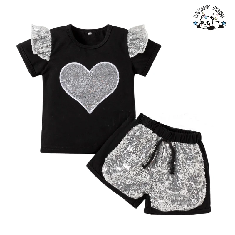 Professional Factory Shortsleeve Cotton Fabric Silver Color Hart Sequined Summer Girls Sets
