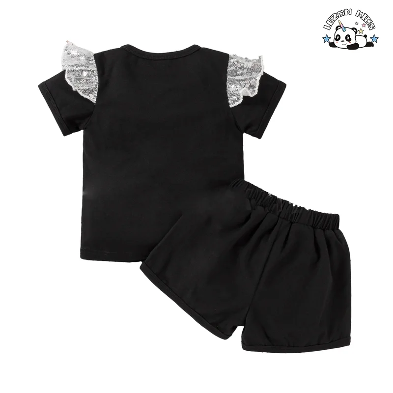 Professional Factory Shortsleeve Cotton Fabric Silver Color Hart Sequined Summer Girls Sets - Product Image