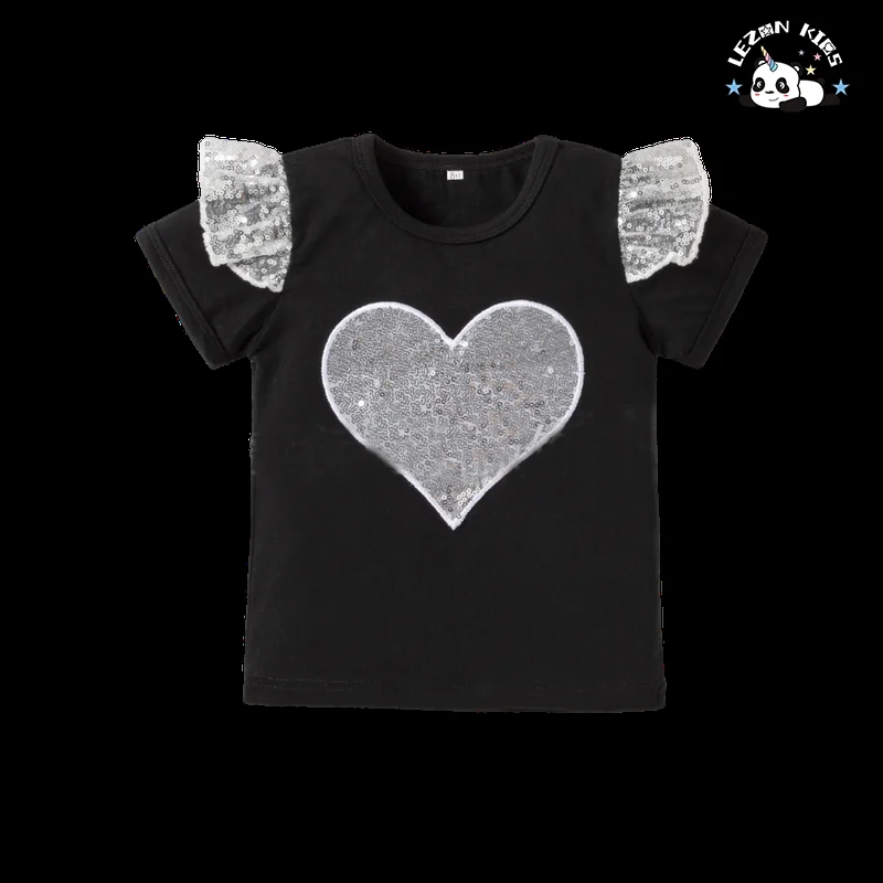 Professional Factory Shortsleeve Cotton Fabric Silver Color Hart Sequined Summer Girls Sets - Product Image