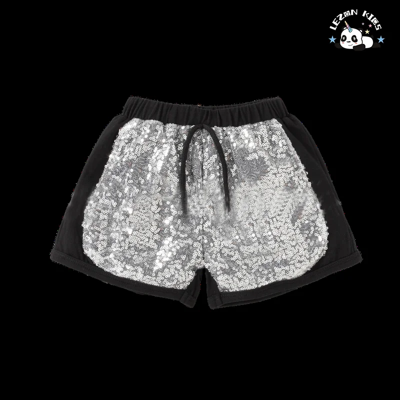 Professional Factory Shortsleeve Cotton Fabric Silver Color Hart Sequined Summer Girls Sets - Product Image