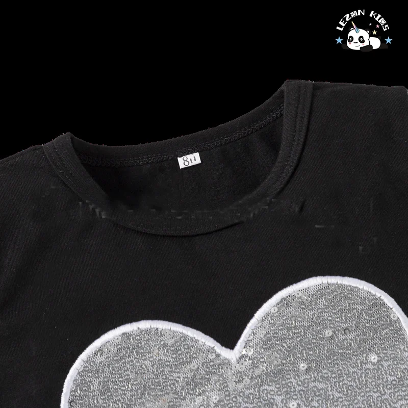 Professional Factory Shortsleeve Cotton Fabric Silver Color Hart Sequined Summer Girls Sets - Product Image