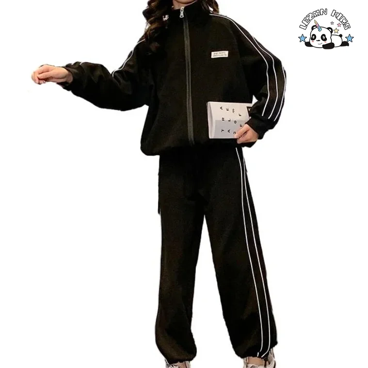 Reflective Strip Kids Two-piece Set Zipper-up Jacket Casual Trousers Girls Sports Suit